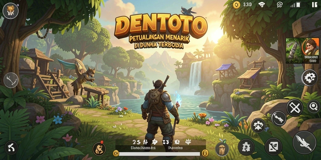 Screenshot gameplay DENTOTO yang menampilkan petualangan di dunia terbuka.