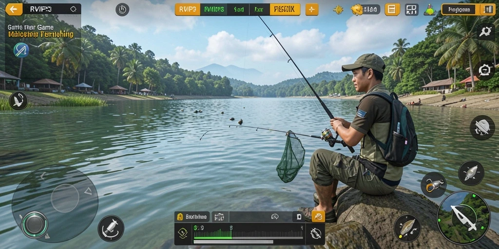 Screenshot menampilkan gameplay RVIP3 dengan suasana memancing yang memukau.