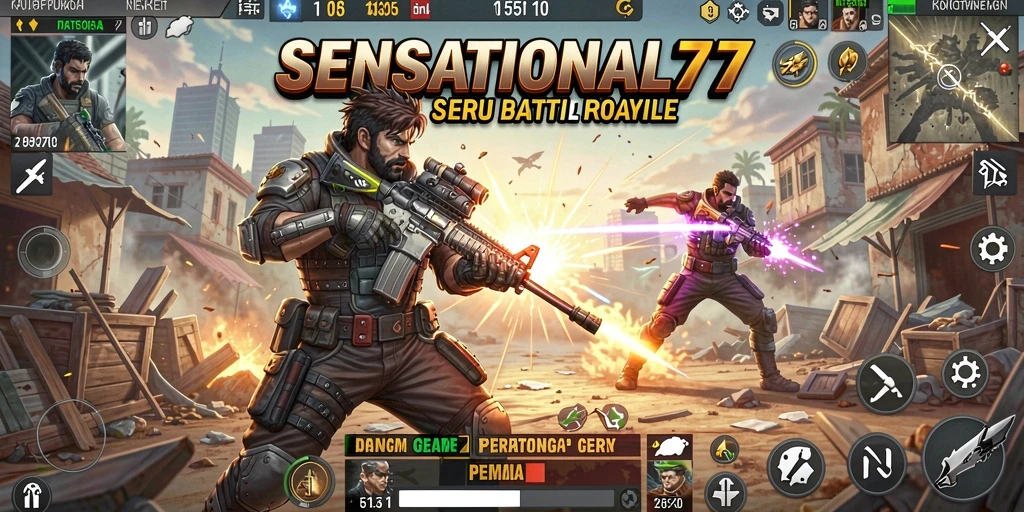 Tangkapan layar utama SENSATIONAL77 yang menampilkan aksi Battle Royale yang menegangkan.