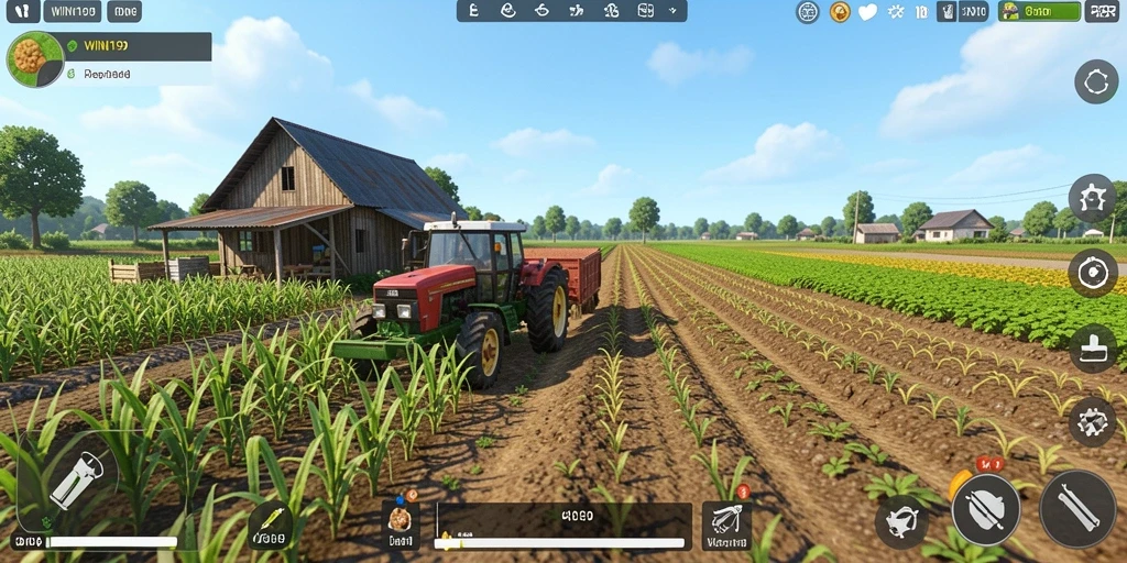 Tampilan gameplay WIN199 dengan kebun yang luas dan berbagai tanaman.
